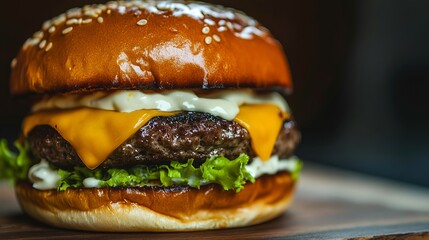 An epicurean cheeseburger layered with creamy mayonnaise, nestled between a soft bun, capturing the essence of gourmet fast food