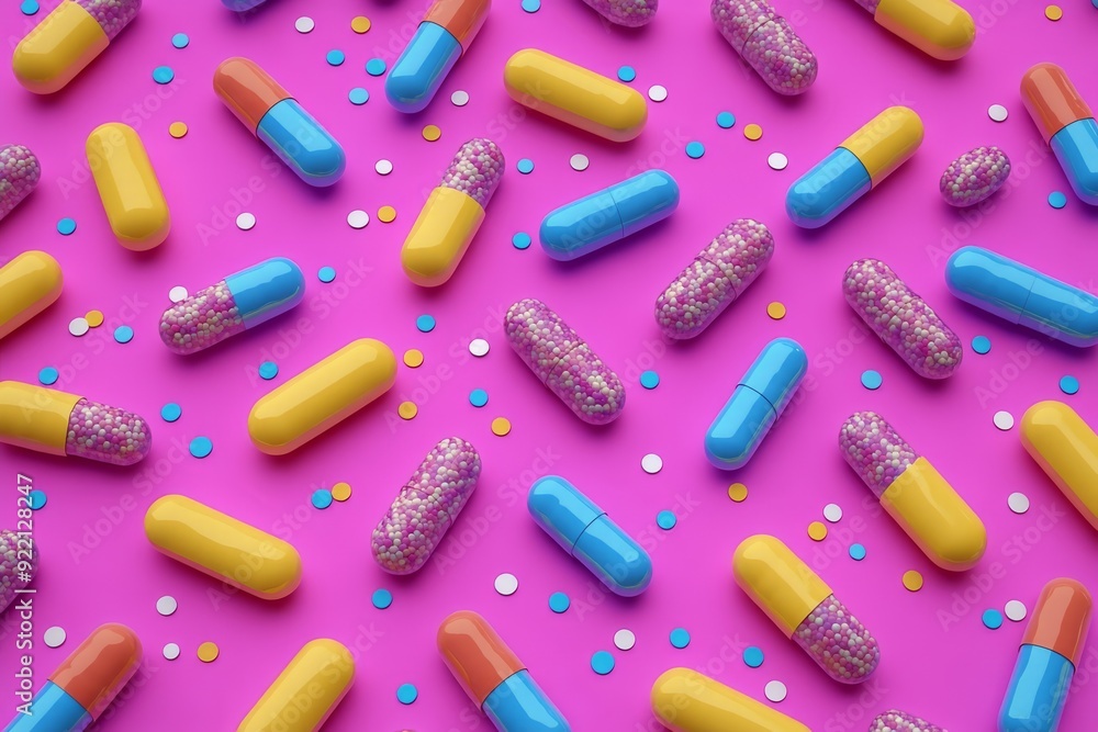 Poster a lively and colorful pattern of various pills and capsules on a bright pink background representing