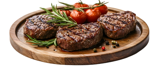 Set of beef steak on a wooden plate, isolated on a white background