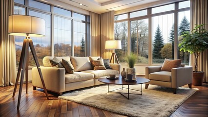 Fototapeta premium Cozy modern living room featuring a sleek floor lamp with a cream shade, surrounded by plush furniture and warm natural light pouring through large windows.