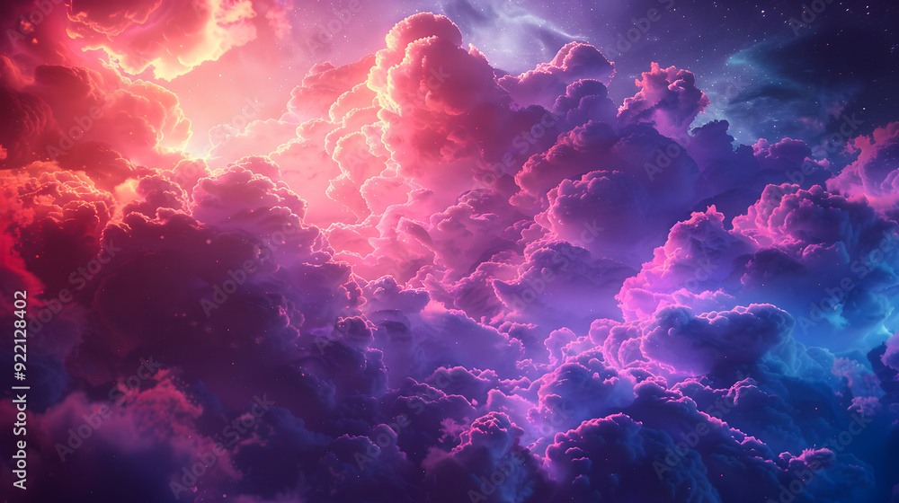 Poster 3d render, abstract fantasy background of colorful sky with neon clouds