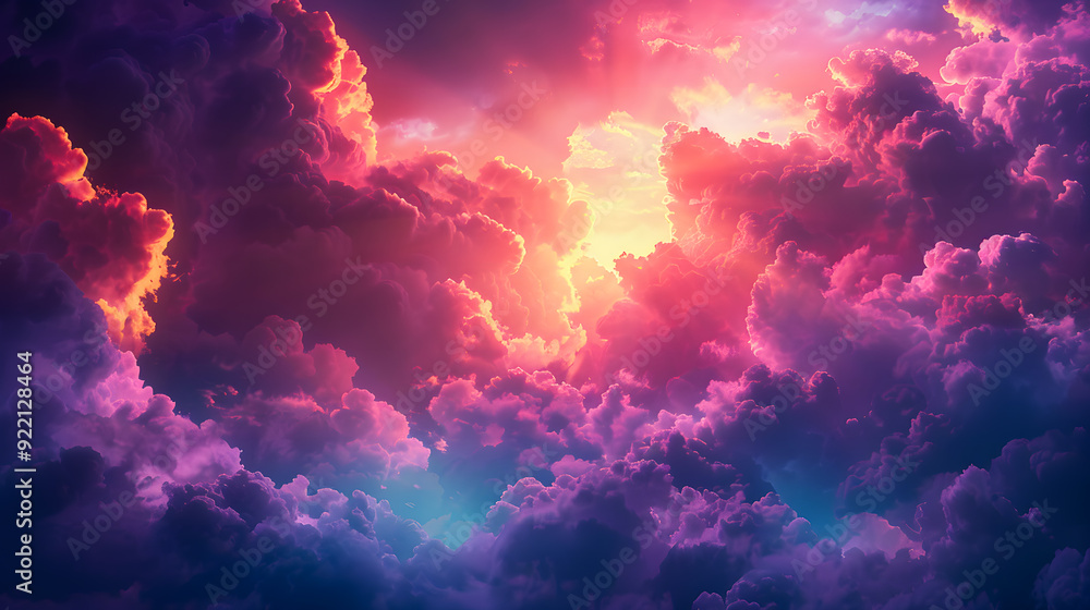 Poster 3d render, abstract fantasy background of colorful sky with neon clouds