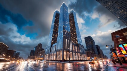 Striking modern skyscraper reflecting evening lights on a rainy city street