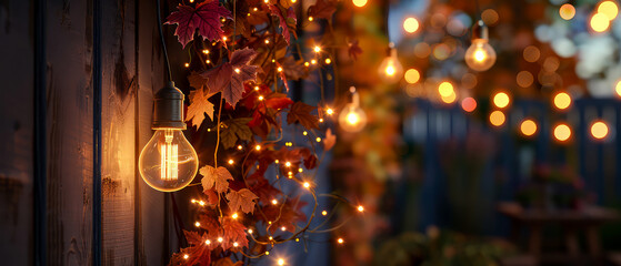 Obraz premium Close up of Illuminated light bulbs, garland, string lights on autumn orange nature background. Cozy backyard of suburban house. Fall garden exterior. Generative ai