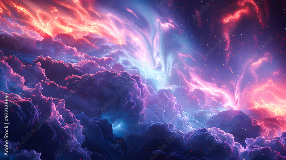Poster 3d render, abstract fantasy background of colorful sky with neon clouds