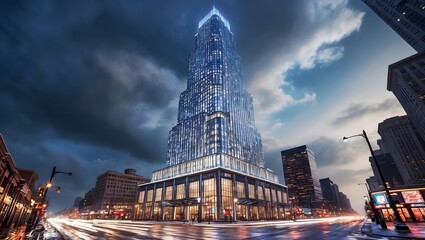 Skyscraper illuminated at dusk in bustling urban cityscape