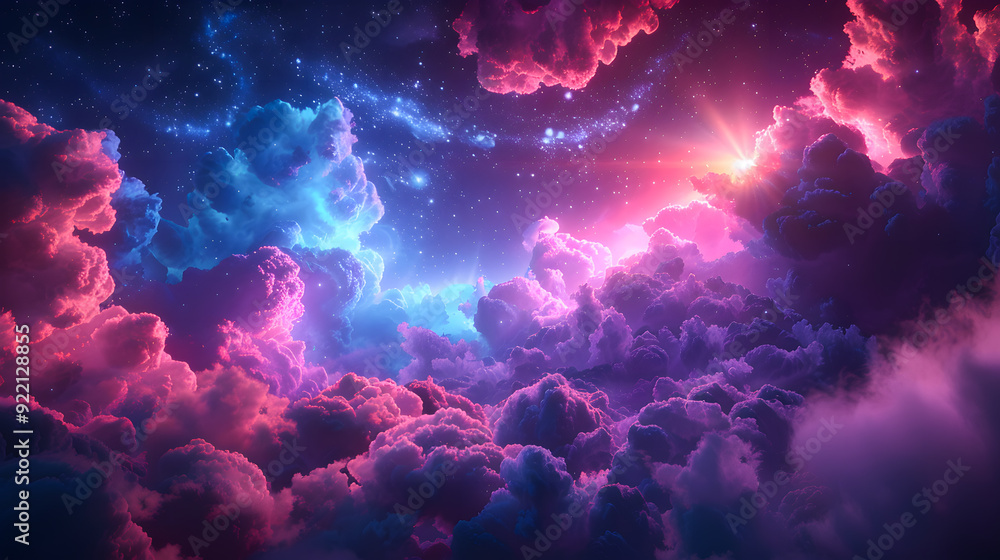 Wall mural 3d render, abstract fantasy background of colorful sky with neon clouds