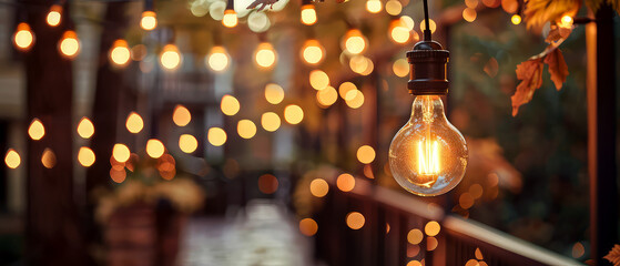 Cozy porch of suburban house decorated street garlands, lamp bulbs, lights, colorful autumn leaves. Backyard fall exterior mockup with copy space. Generative ai