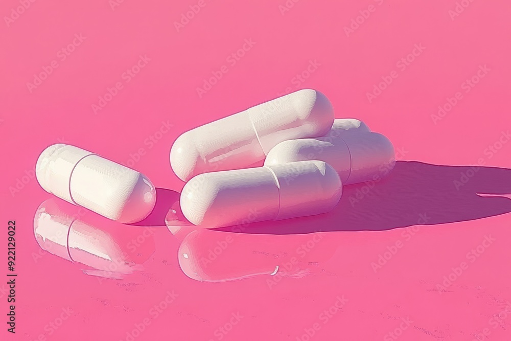Poster a clean and minimalistic image of white capsules scattered across a pink background symbolizing simp