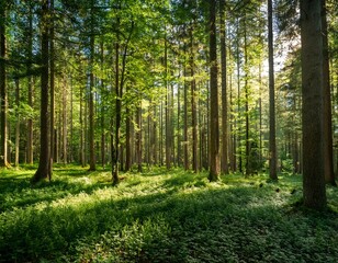 Fototapeta premium A dense forest with tall trees and green foliage on a sunny summer day