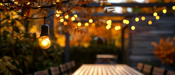 Obraz premium Close up of Illuminated light bulbs, garland, string lights on autumn orange nature background. Cozy backyard of suburban house. Fall garden exterior. Generative ai