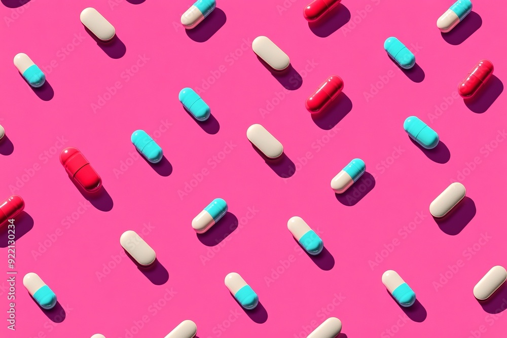 Poster a vibrant and dynamic pattern of red blue and white capsules on a pink background symbolizing the en