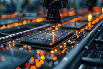 A close-up of quantum chips being assembled by robotic arms in a highly advanced manufacturing facility. 