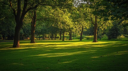 Obraz premium Sunlight Filtering Through Trees in a Lush Green Park