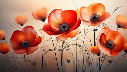 A close-up of a digital painting featuring stylized orange and red flowers with black stems against a soft, neutral background