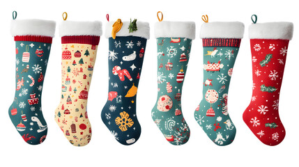 Set of Christmas stockings with festive patterns, isolated on white background