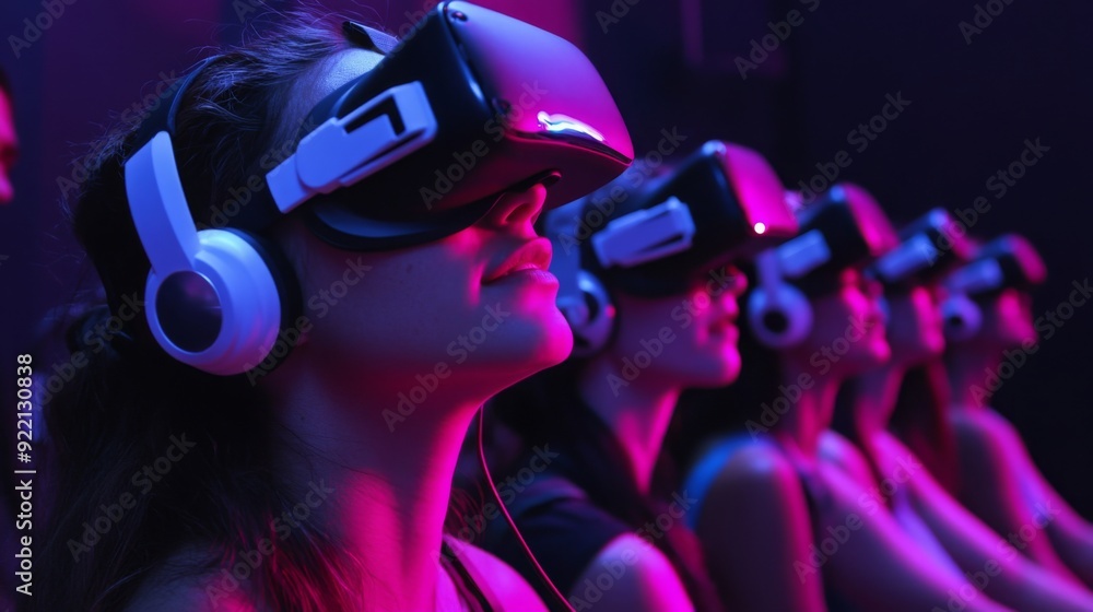 Poster participants wearing virtual reality headsets immerse themselves in an interactive experience in a d