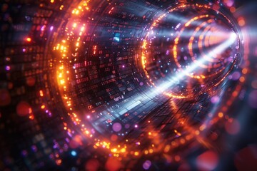 Obraz premium A digital visualization of a quantum algorithm processing vast amounts of data, represented by streams of binary code and quantum states