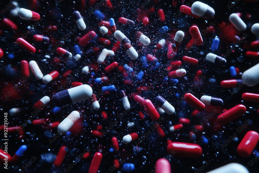 Poster a chaotic and surreal depiction of floating capsules in a dark cosmic space representing the boundle