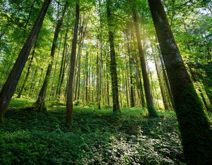 Obraz premium A dense forest with tall trees and green foliage on a sunny summer day
