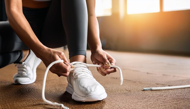 Sport woman tying sneakers rope. Sport center and Fitness gym concept. Healthy and Body build up theme. Sport wear and Fashion theme.