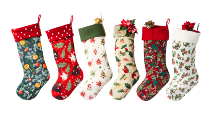 Set of Christmas stockings with festive patterns, isolated on white background