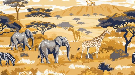 A group of elephants and giraffes mingle among zebras under a stunning golden sky