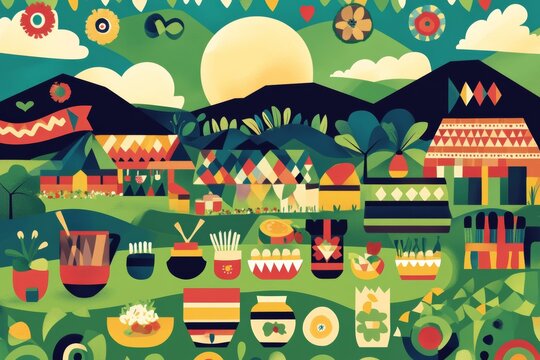 Flat illustration of a Somhlolo Day festival scene, depicting traditional Swazi symbols, such as the flag, local crafts, and traditional foods, with a bright and celebratory design