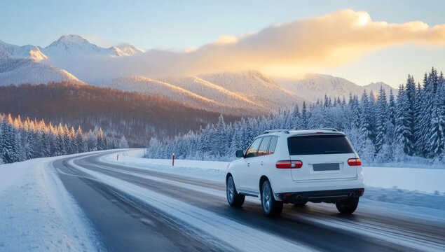 A white SUV driving on the road in winter snow