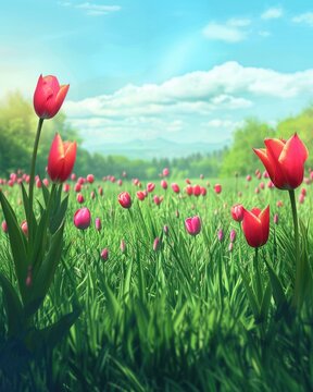 Fototapeta Spring Flower Scene. Tulip Field in Bloom on Easter Day May Landscape