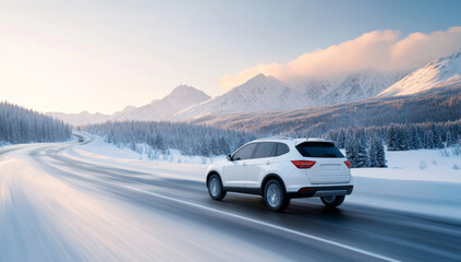 A white SUV driving on the road in winter snow