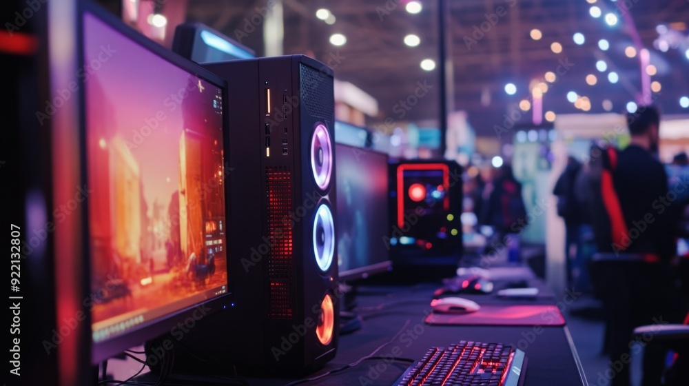Aufkleber a modern gaming setup features illuminated desktop computers, colorful lighting effects, and eager a