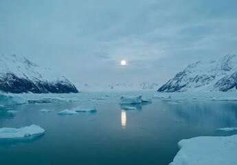 Obraz premium A Wide Shot of Icebergs Floating in Alaska's Glacier Bay with Mountains and Moonlight in the Background