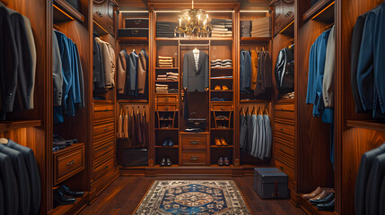 a photo of a interior of a luxury male wardrobe full of expensive suits, shoes and other clothes. boutique shop.