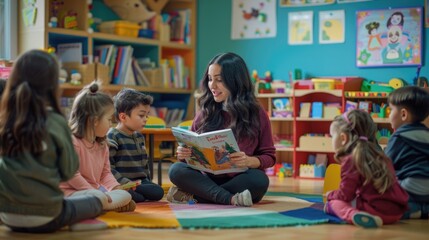 In a classroom, a young female elementary teacher sits on the floor with students, reading the book and working on the task together.