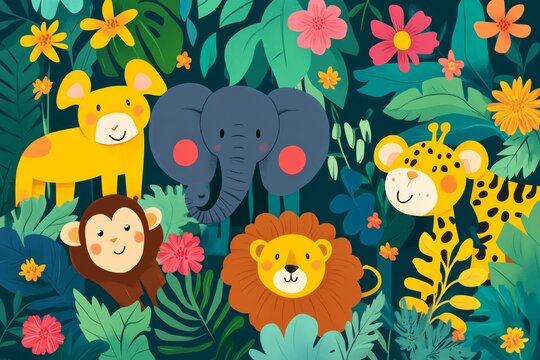 Flat illustration of a vibrant wildlife scene with various animals like elephants, lions, and monkeys, surrounded by lush greenery and colorful flowers, celebrating National Wildlife Day