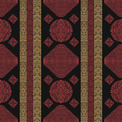 Black, red, and gold tribal geometric pattern with intricate ethnic designs, ideal for fabric or decor.