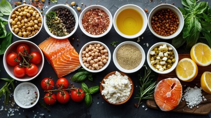 Colorful Flat Lay of Fresh Ingredients Including Salmon, Tomatoes, Chickpeas, Spices, and Herbs on Dark Background