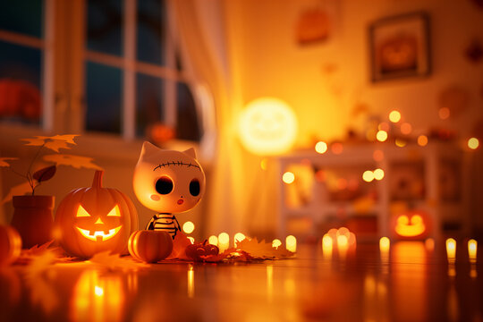 A cute Halloween display with a small skeleton cat ornament and pumpkins. In the background we see the inside of a room. Orange sparkly October celebration display. - Powered by Adobe