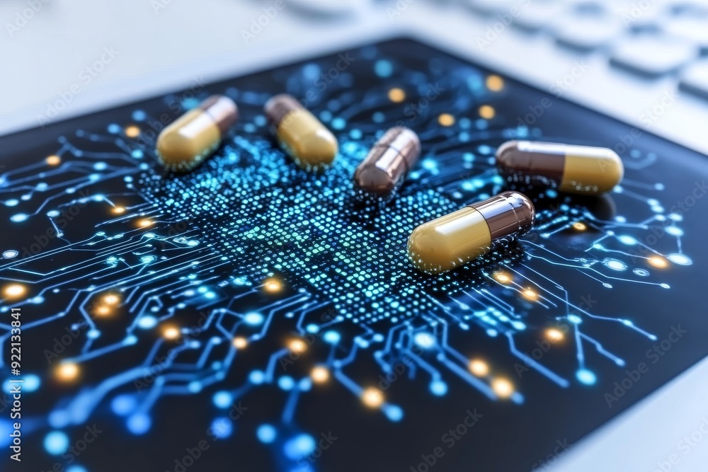 Poster a futuristic and symbolic image of pills placed on a microchip representing the intersection of phar