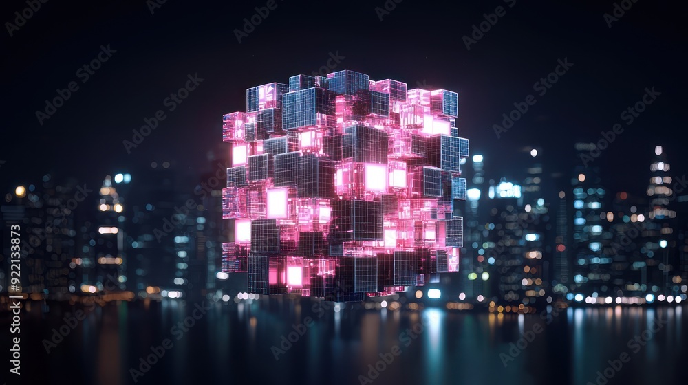 Poster futuristic ai-powered cube over urban landscape signifying centralized control of city systems, gene