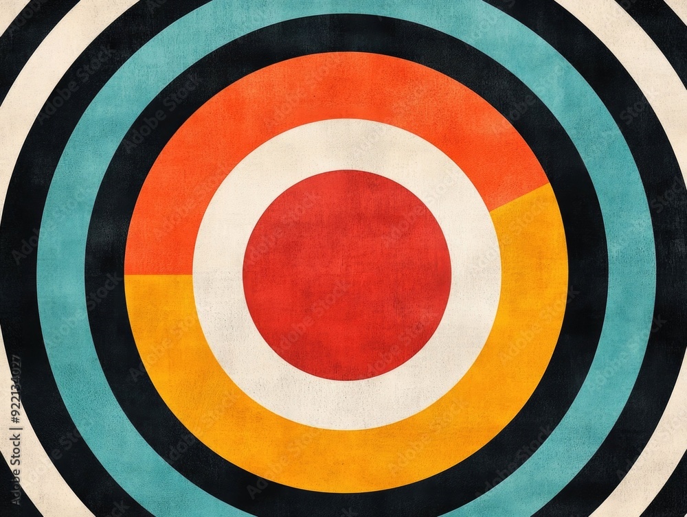Poster visually striking abstract design featuring overlapping radial circles creating a starburst pattern 