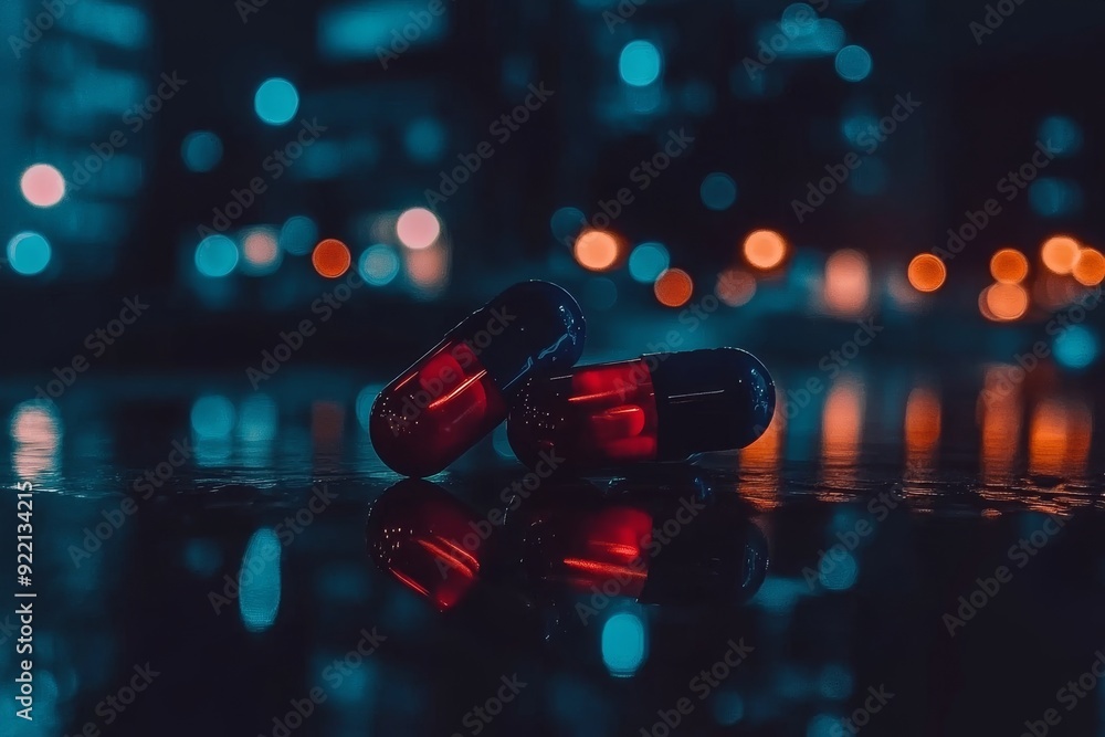 Poster a moody and atmospheric image of two dark capsules reflecting on a wet surface in a night time setti