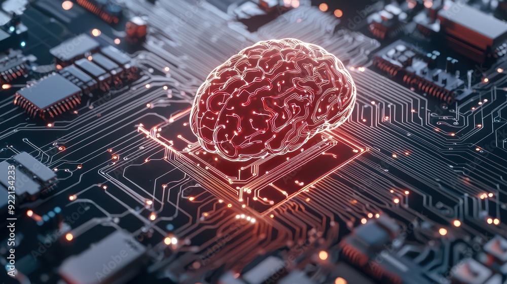 Poster core of intelligent machines - glowing circuit board with ai-powered brain symbol, generative ai