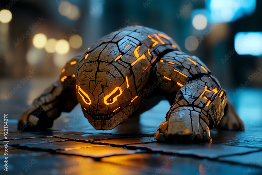 Poster A futuristic robotic creature with glowing eyes and intricate design, crawling on a reflective surface in an urban setting.