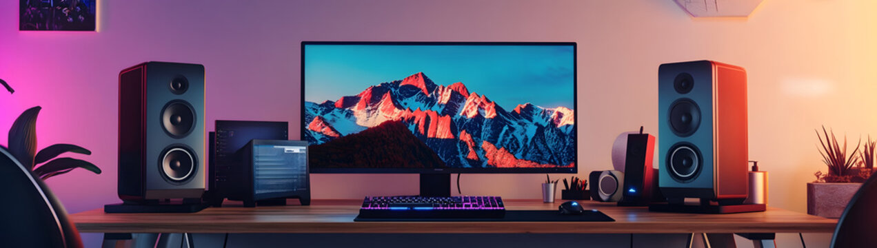 A computer desk with a monitor, keyboard, mouse, and speakers
