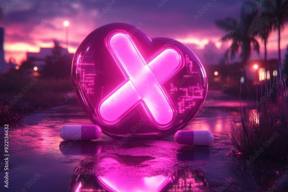 Aufkleber a surreal and futuristic image of a glowing neon capsule intersecting with a digital landscape symbo