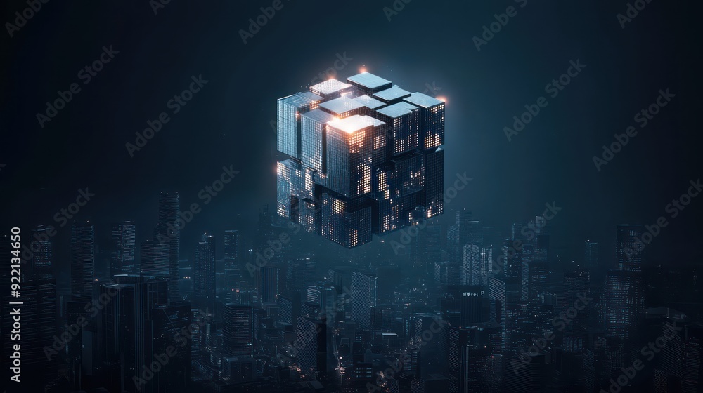 Aufkleber cityscape integration: glowing ai-powered cube controlling urban systems from above, generative ai