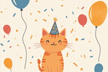 festive celebration scene illustration with a ginger cat wearing a small party hat, surrounded by balloons and confetti, celebrating Ginger Cat Appreciation Day