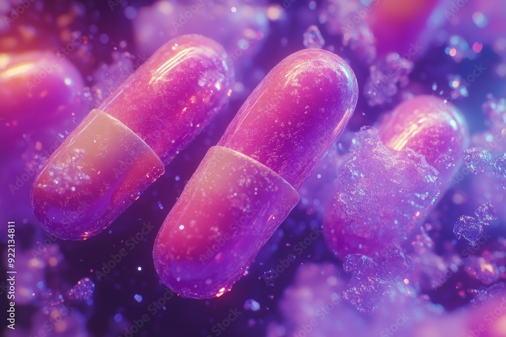 Poster a dreamy and ethereal image of capsules floating in a vibrant cosmic environment symbolizing the oth